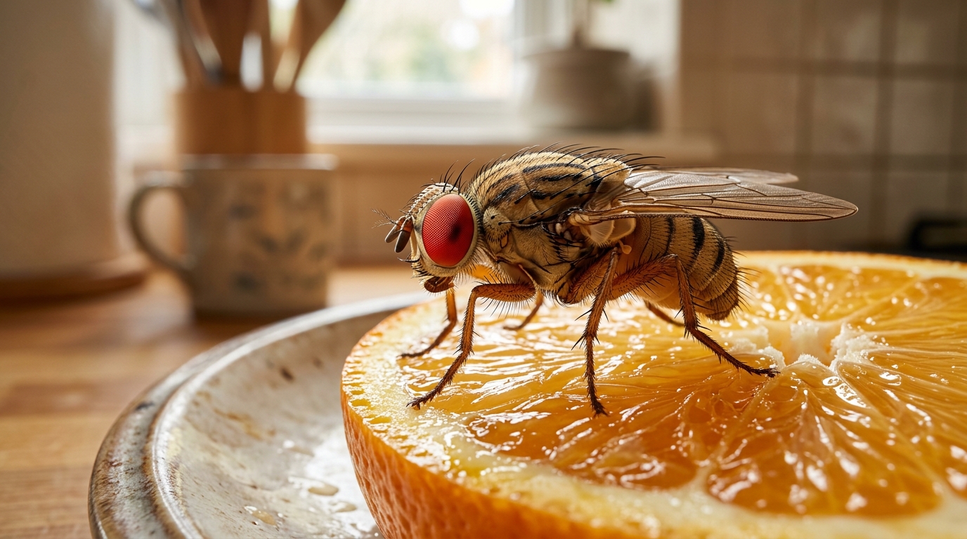 Close-up of a fruit fly on an orange slice