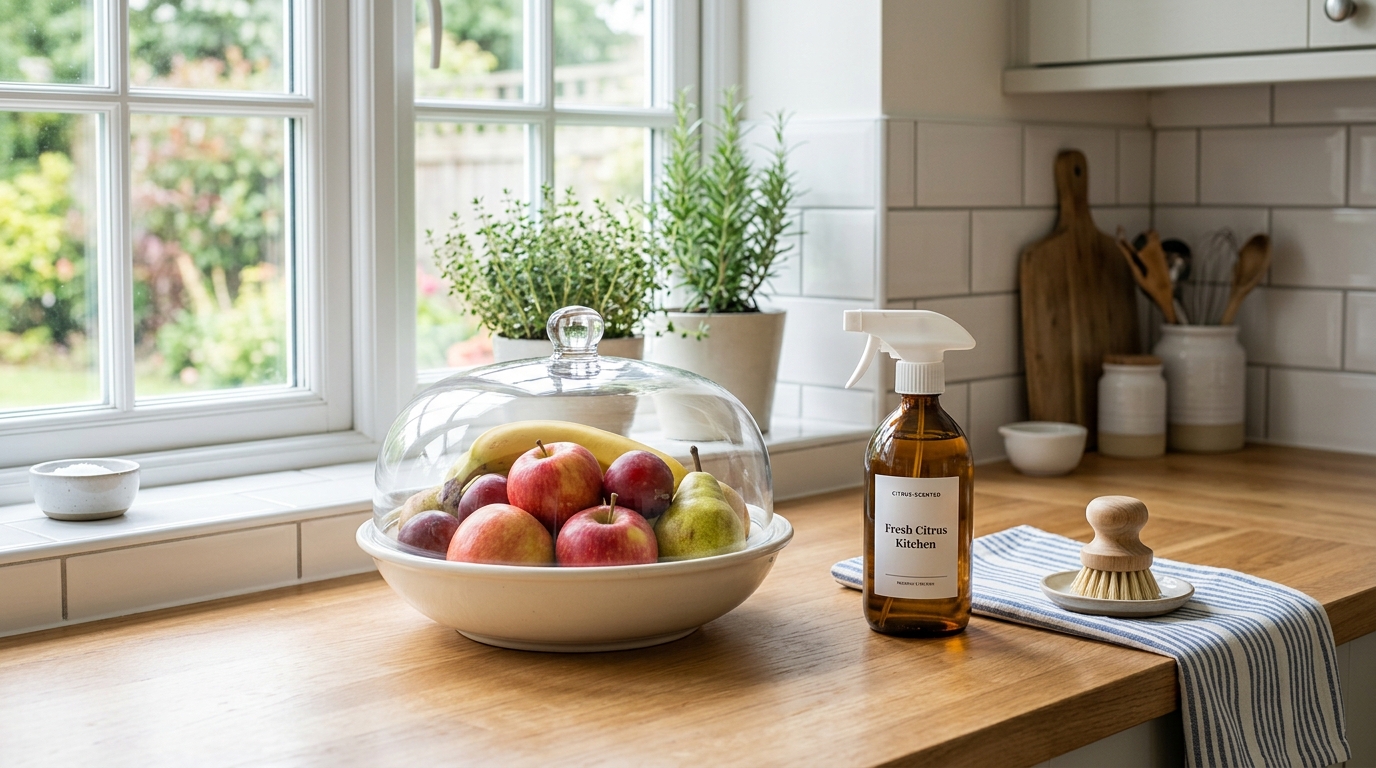 Fruit bowl covered by a glass dome on a clean kitchen counter